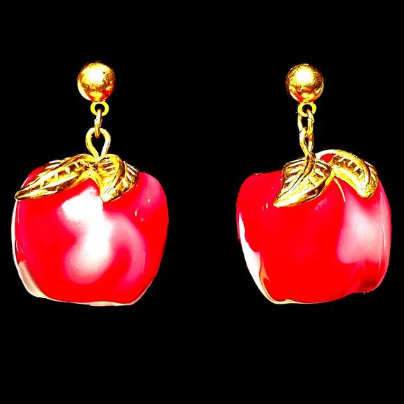 Vintage AVON Red Marbled Resin Goldtone Leaf Stud Dangle Earrings - Picture 1 of 4